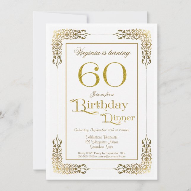 Invitation Elégant Ornate Gold Lace 60e Anniversaire Dîner (Devant)