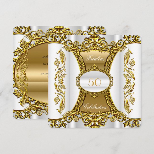 Invitation Elégant Ornate White Gold Fabuleux 50e anniversair (Devant / Derrière)