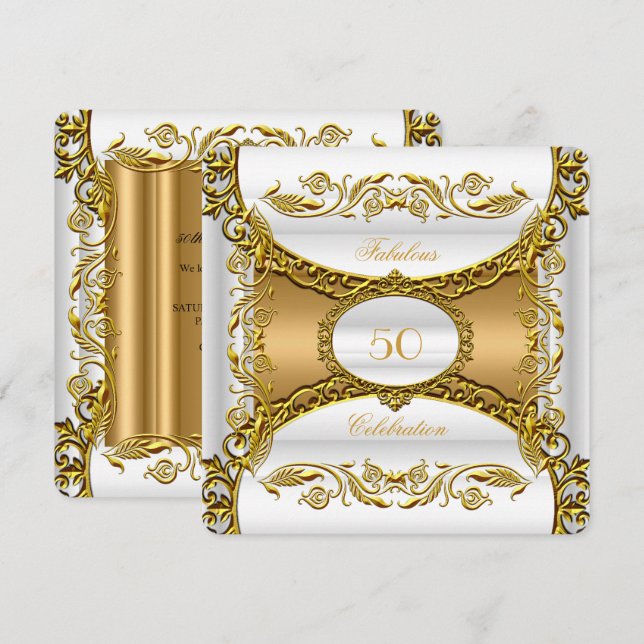 Invitation Elégant Ornate White Gold Fabuleux 50e anniversair (Devant / Derrière)
