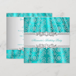 Invitation Élégant Overlay de Dentelle Argentée Turquoise pou