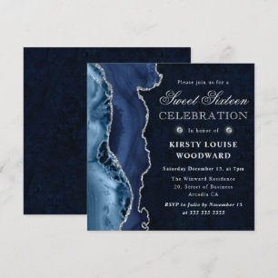 Invitation Élégant paillettes bleues et argent Agate Sweet Si