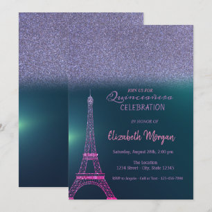 Invitation Elegant paillettes ombrées, Tour Eiffel Quinceaner