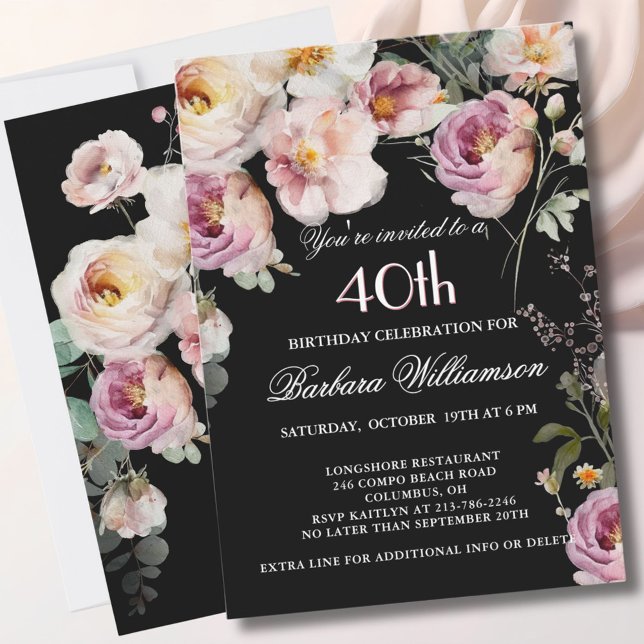 Invitation Elegant Painted Floral 40th Birthday Party (Créateur téléchargé)