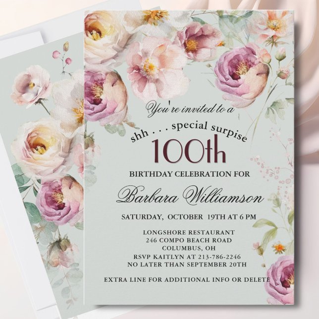 Invitation Elegant Painted Floral Surprise 100th Birthday  (Créateur téléchargé)