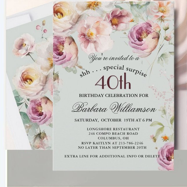Invitation Elegant Painted Floral Surprise 40th Birthday  (Créateur téléchargé)