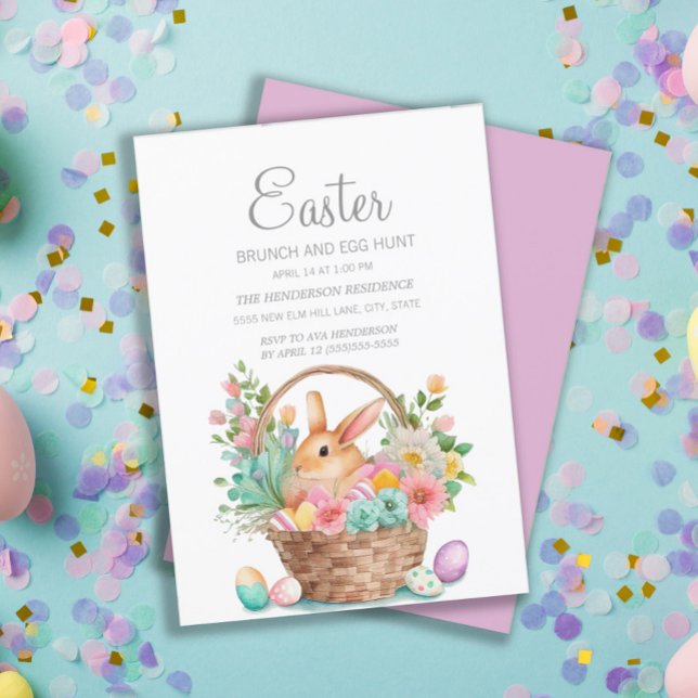 Invitation Elégant Panier de Pâques Bunny Brunch Chasse aux o (Easter bunny in basket Easter greeting card.)