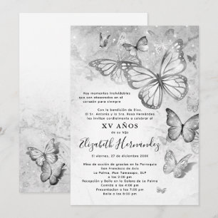 Invitation Elégant papillon argenté espagnol Quinceanera