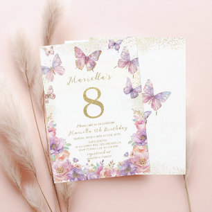 Invitation Élégant Papillon d'anniversaire 8 ans fille aquare