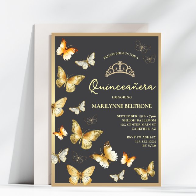 Invitation Elégant papillon en or Tiara Quinceañera (Créateur téléchargé)