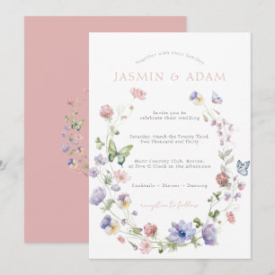 Invitation Élégant Papillon Fleur Sauvage Monogramme Mariage
