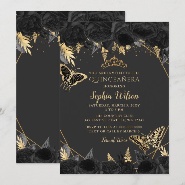 Invitation Elégant Papillon Floral d'or noir Quinceañera (Devant / Derrière)