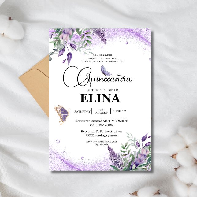 Invitation Élégant papillon lavande Quinceañera Lilac (Créateur téléchargé)