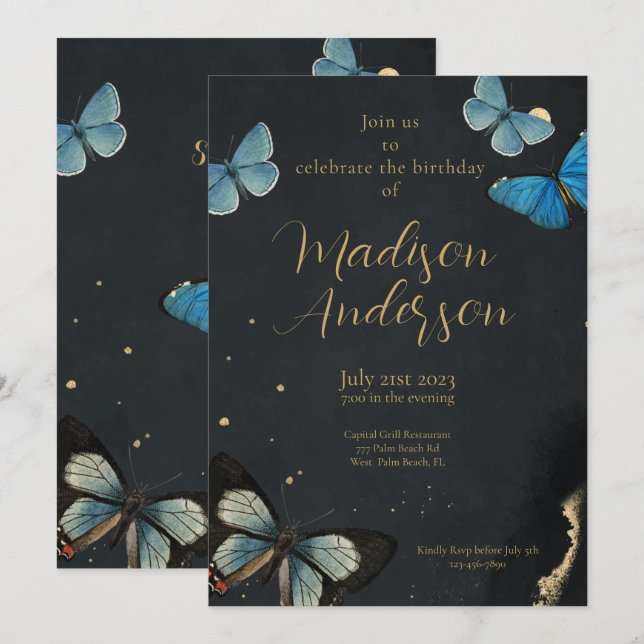 Invitation Elégant Papillon Or Noir Adulte Anniversaire (Devant / Derrière)