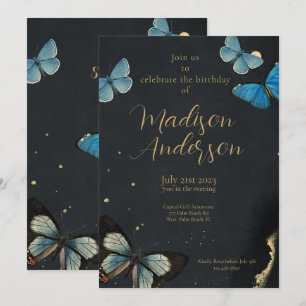 Invitation Elégant Papillon Or Noir Adulte Anniversaire
