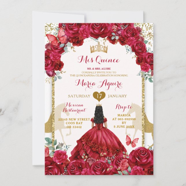 Invitation Élégant Papillon Quince Couronne Rouge Floral Mis (Devant)