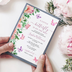Invitation Élégant papillon rose et violet Baby shower floral