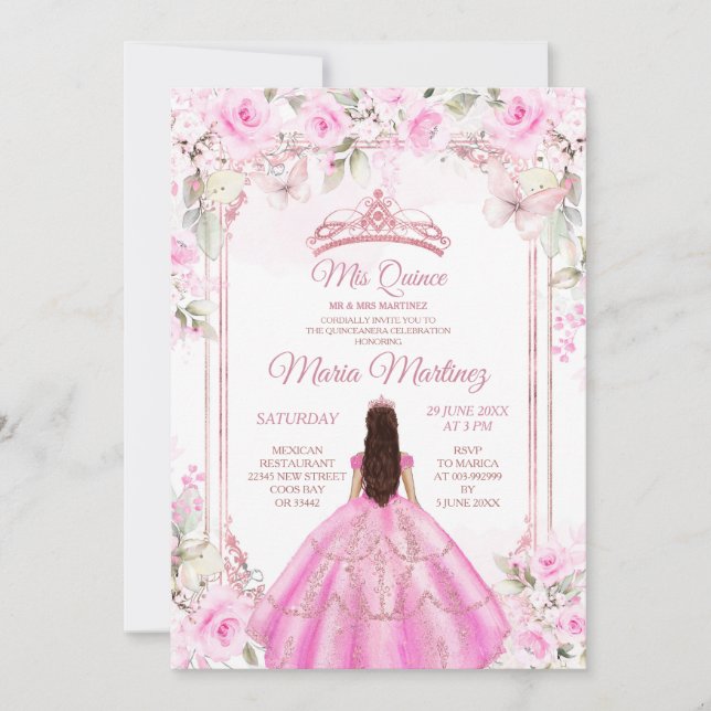 Invitation Élégant papillon rose floral Princesse Quiñceanera (Devant)