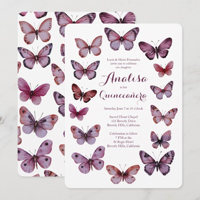 Invitation Elégant Papillons Cadre Quinceañera PERSONNALISÉ (Devant / Derrière)