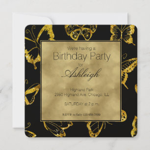 Invitation Élégant Papillons Noir Or Anniversaire