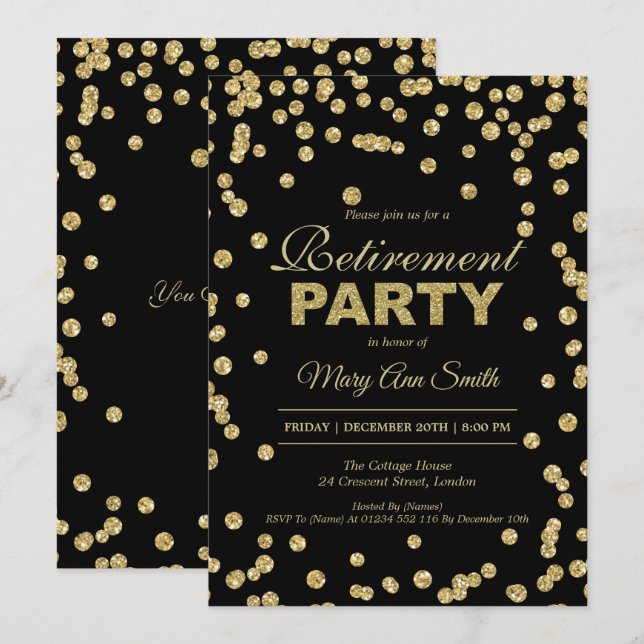 Invitation Élégant Parti de la retraite Gold Parties scintill (Devant / Derrière)