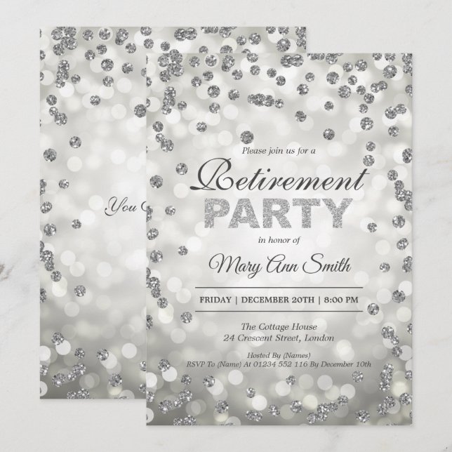 Invitation Élégant parti de retraite en argent Confetti & Lig (Devant / Derrière)