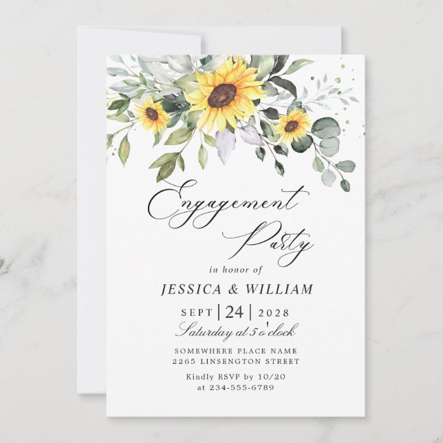 Invitation Élégant PARTI D'ENGAGEMENT Eucalyptus tournesol (Devant)