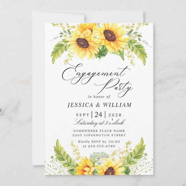Invitation Élégant PARTI D'ENGAGEMENT Eucalyptus tournesol (Devant)