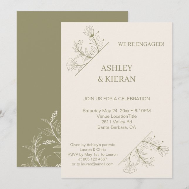 Invitation Élégant parti d'engagement floral (Devant / Derrière)