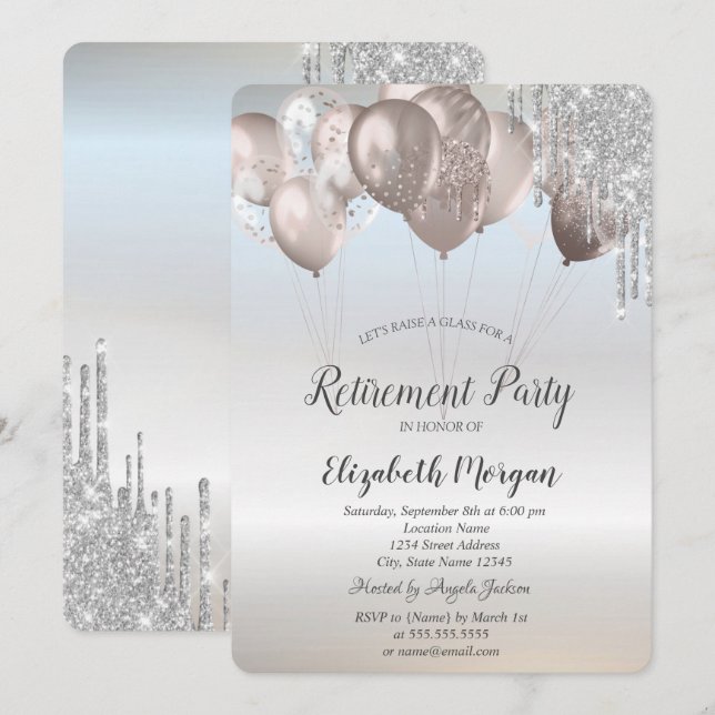 Invitation Elégant Parties scintillant Ballons Retraite Argen (Devant / Derrière)