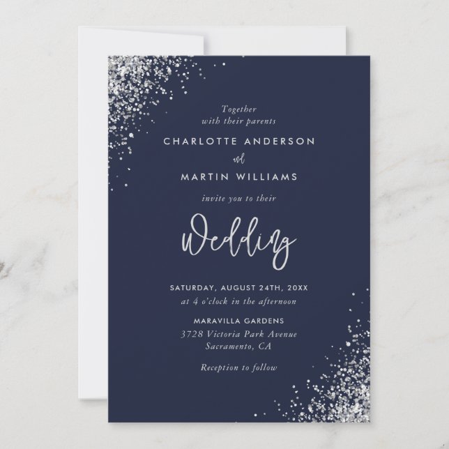 Invitation Elégant Parties scintillant bleu marine et Mariage (Devant)