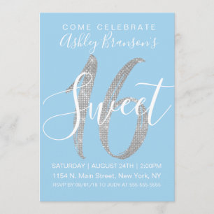 Invitation Élégant Parties scintillant d'argent bleu sucré 16