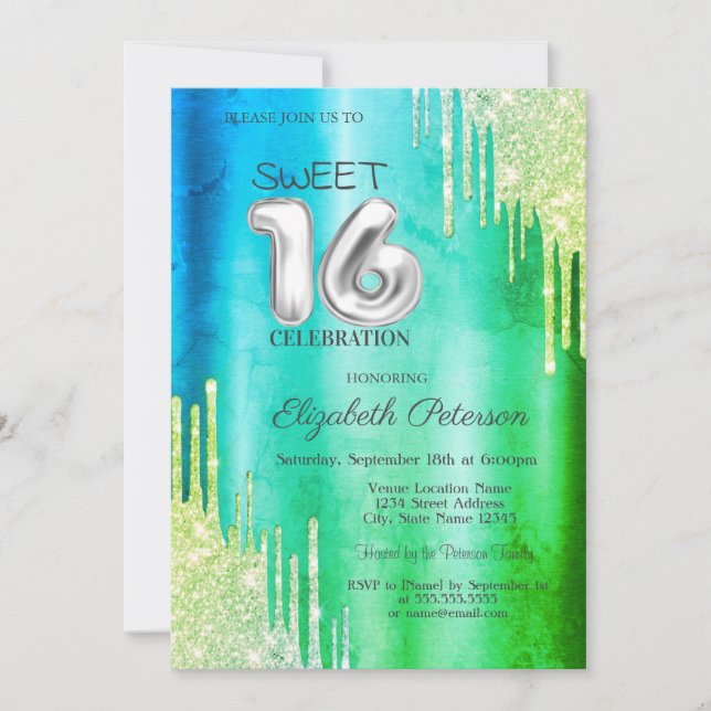 Invitation Élégant Parties scintillant Drips Green Sweet 16 (Devant)