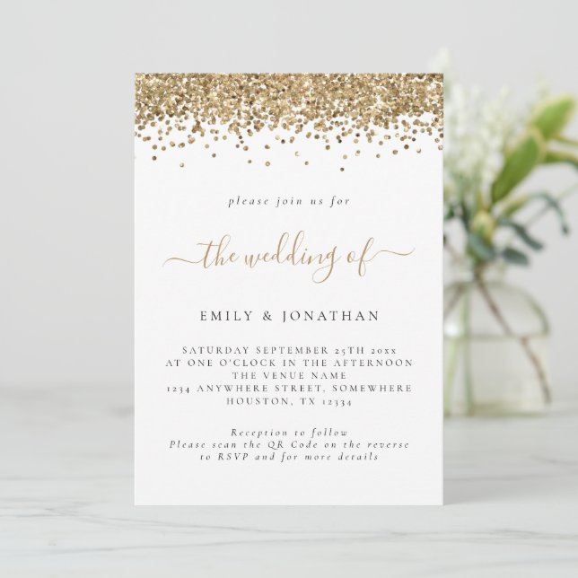 Invitation Elegant Parties scintillant or QR Code Mariage (Debout devant)