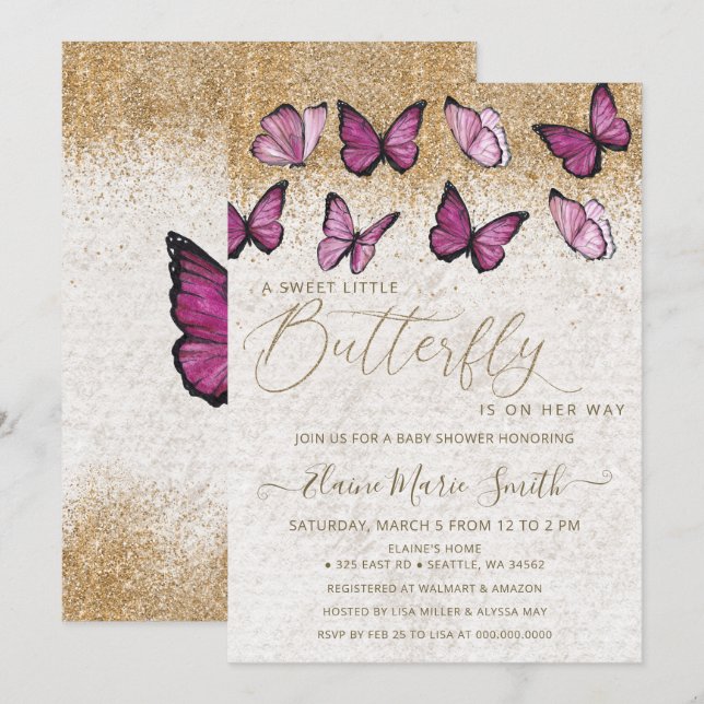 Invitation Élégant Parties scintillant or  rose papillon Baby (Devant / Derrière)