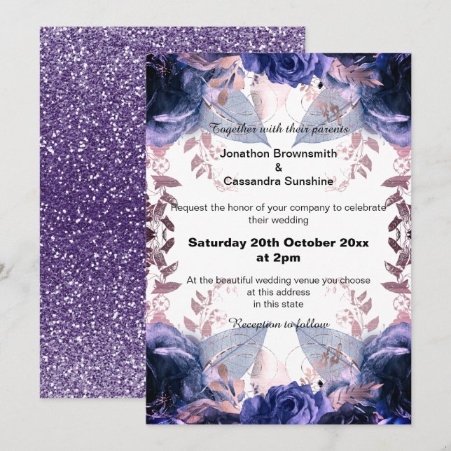INVITATION ÉLÉGANT PARTIES SCINTILLANT PURPLE FLORAL MARINE M (Devant / Derrière)