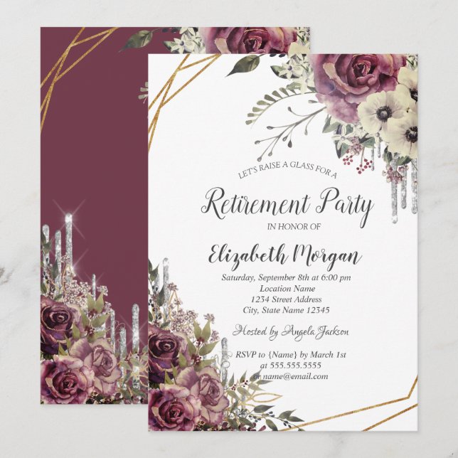 Invitation Elégant Parties scintillant, Retraite Florale (Devant / Derrière)