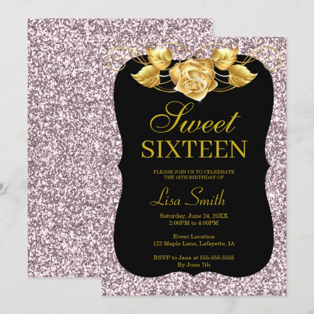Invitation Élégant Parties scintillant rose chic Rose or doux (Devant / Derrière)