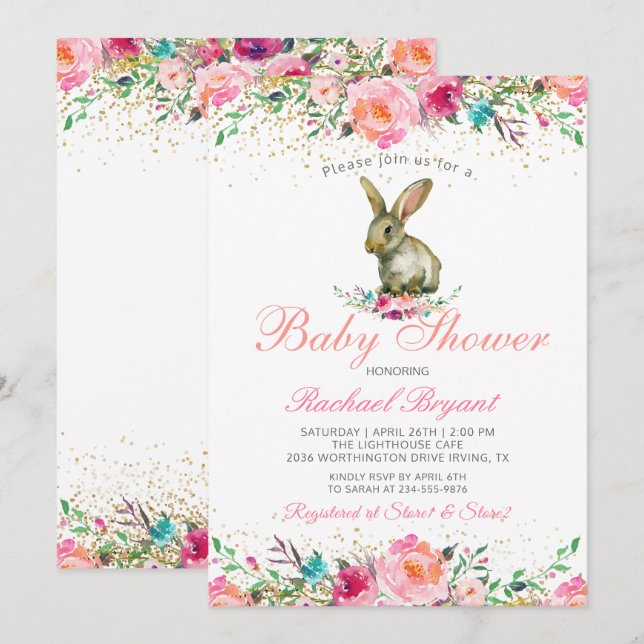 Invitation Élégant Parties scintillant rose Floral or Baby sh (Devant / Derrière)