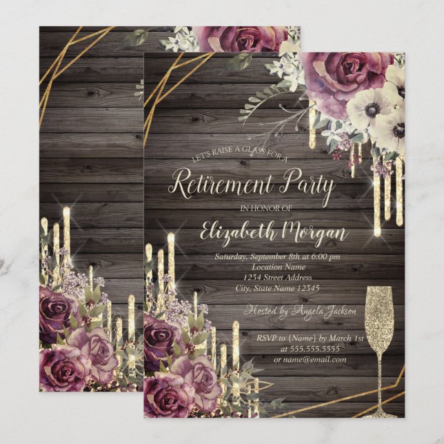 Invitation Elégant Parties scintillant, Verre, Retraite Flora (Devant / Derrière)