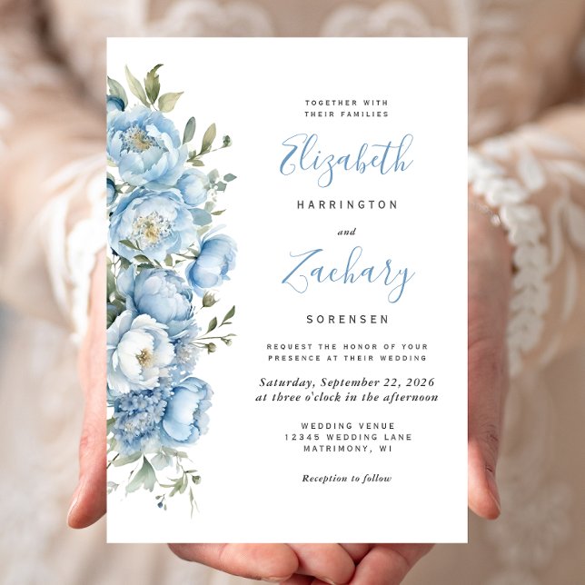 Invitation Elégant Pastel Blue Aquarelle Floral Mariage (Créateur téléchargé)