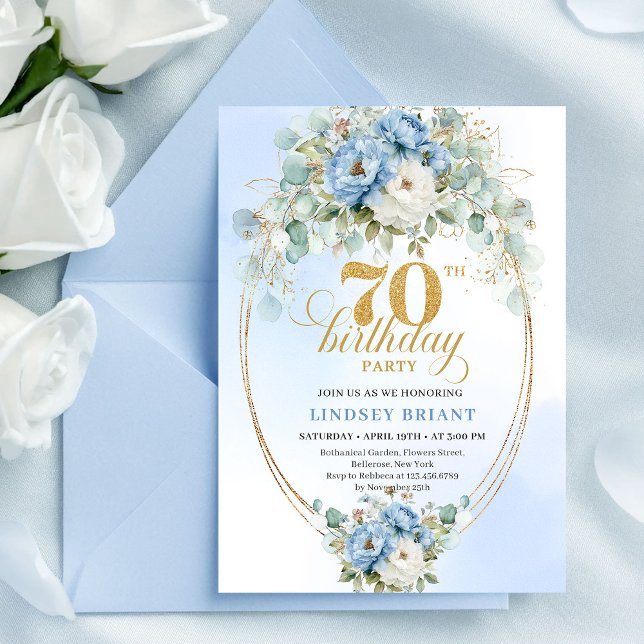 Invitation Elegant Pastel Blue Flowers 70th Birthday Invites (Elegant Pastel Blue Flowers 70th Birthday Invitation)