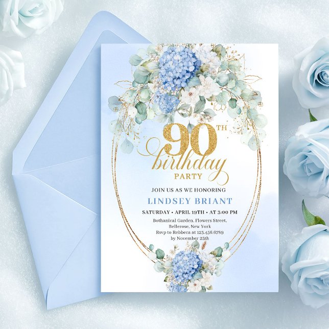 Invitation Elegant Pastel Blue Hydrangea 90th Birthday Invite (Elegant Pastel Blue Hydrangea 90th Birthday Invite)