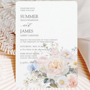 Invitation Élégant Pastel Blush Blanc Bleu Floral Mariage