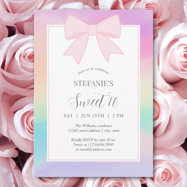 Invitation Élégant Pastel Doux Rose Bow Sweet 16 Anniversaire (Créateur téléchargé)