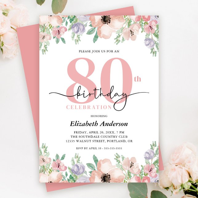 Invitation Elégant Pastel Floral 80e fête d'anniversaire (Créateur téléchargé)