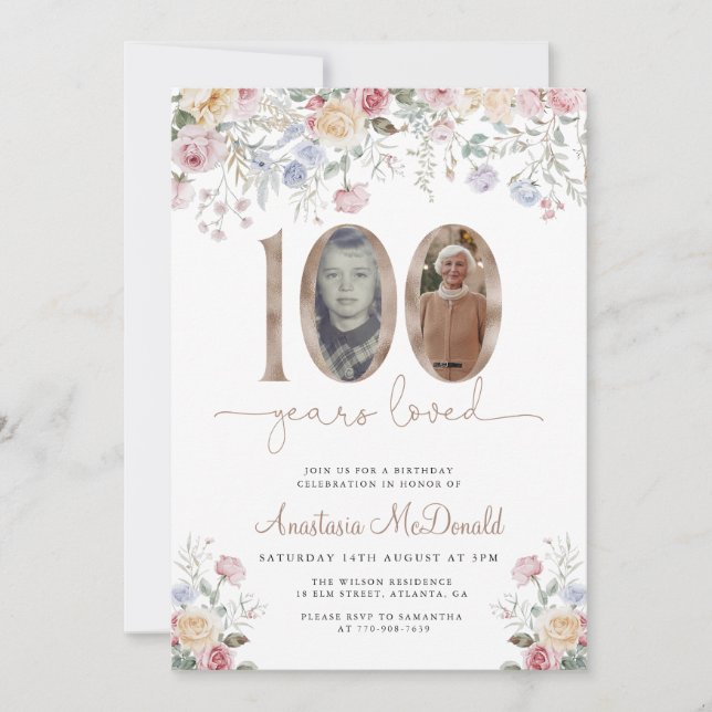 Invitation Elegant Pastel Floral Photo 100th Birthday (Devant)