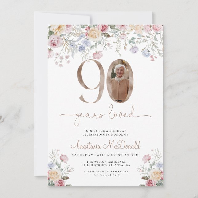 Invitation Elegant Pastel Floral Photo 90th Birthday (Devant)