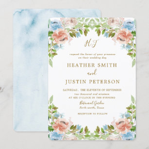 Invitation Elégant Pastel Garden Blue Watercolor Mariage