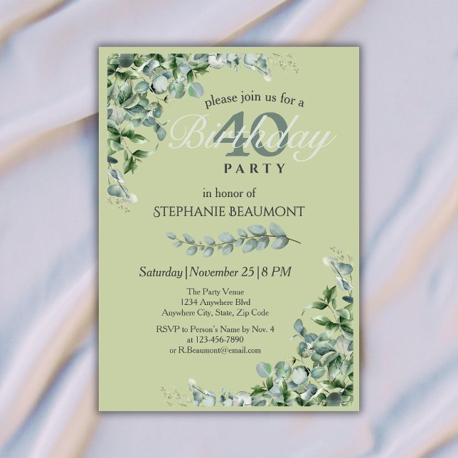 Invitation Elegant Pastel Green Flower Women's 40th Birthday  (Créateur téléchargé)