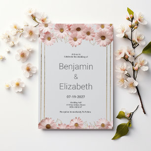 Invitation Elégant pastel gris rose doré marguerite Mariage